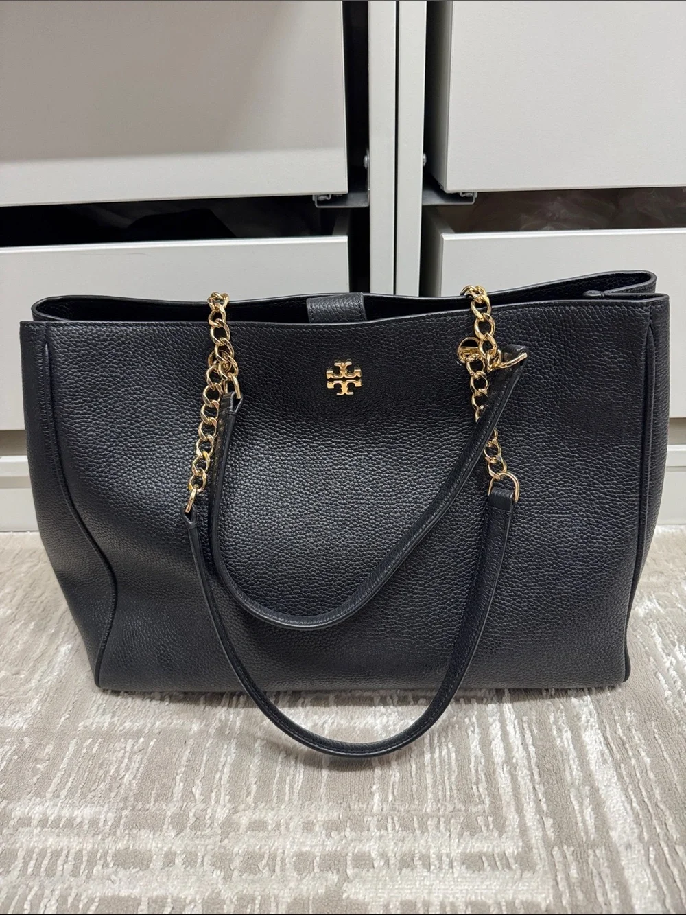Tory Burch Black Pebbled Leather Tote with Gold Chain Straps